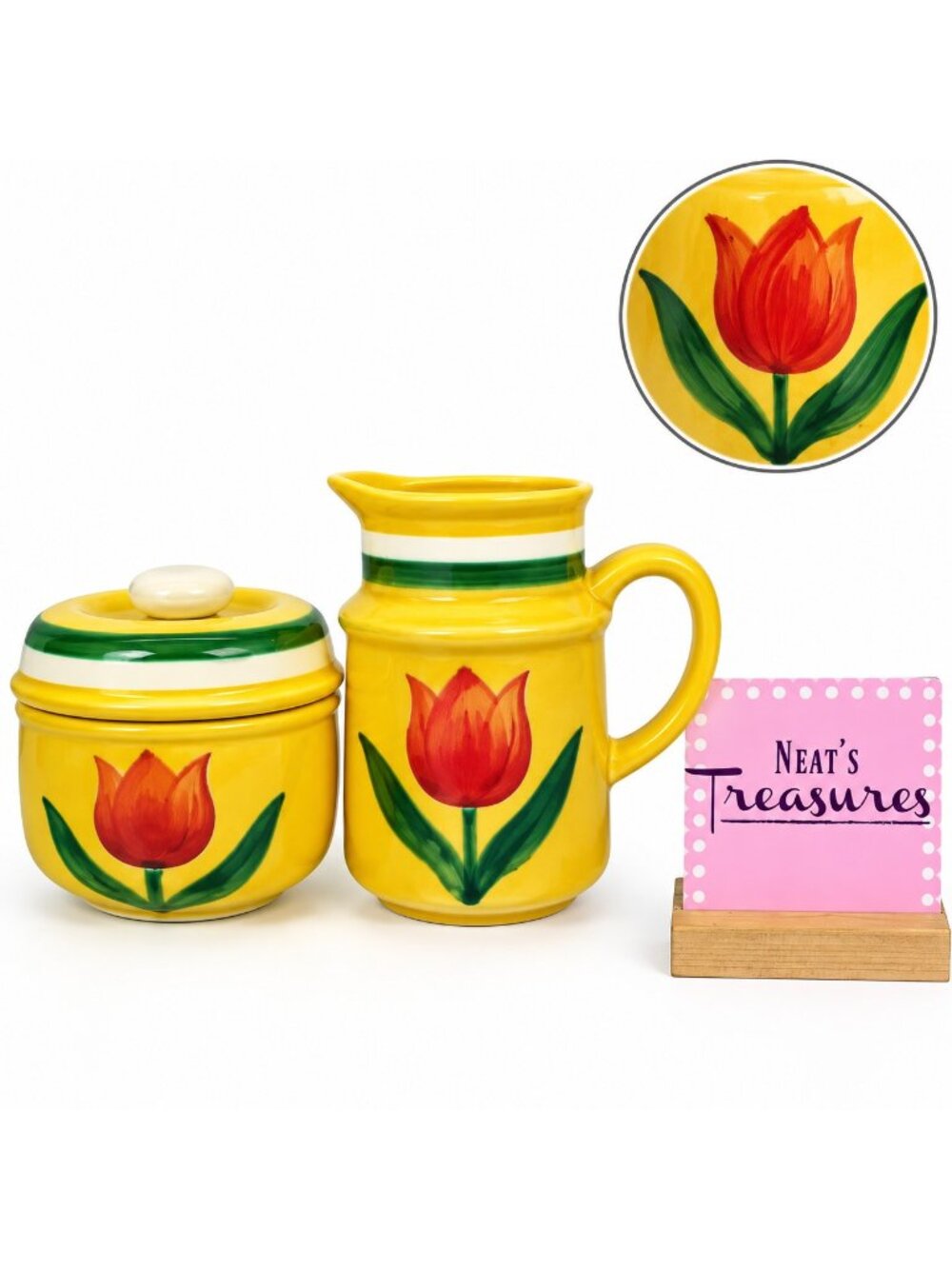 1960's Georges Briard ORANGE TULIP Yellow Stoneware Creamer & Sugar Bowl Set